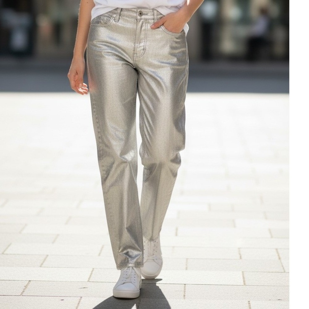 Metallic Gold Coated Denim Jeans High Rise Straight Crop 29 Festival Y2K Revival